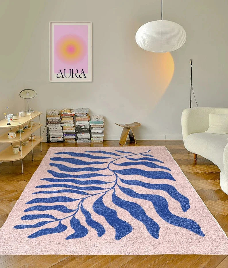 Alfombra Retro Hoja Matisse 🌿 - Diseño Danés Y2K en Azul/Rosa Pastel