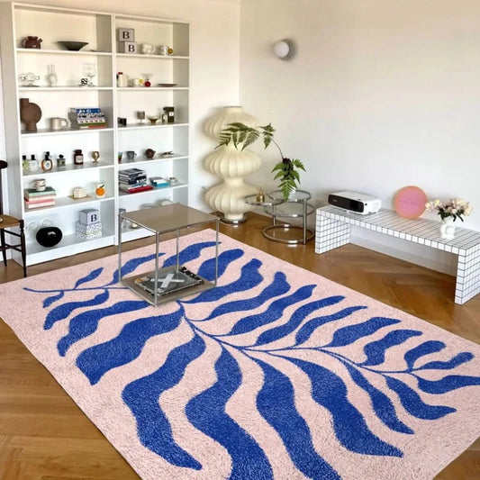 Alfombra Retro Hoja Matisse 🌿 - Diseño Danés Y2K en Azul/Rosa Pastel
