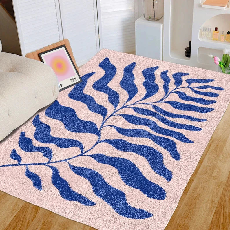 Alfombra Retro Hoja Matisse 🌿 - Diseño Danés Y2K en Azul/Rosa Pastel