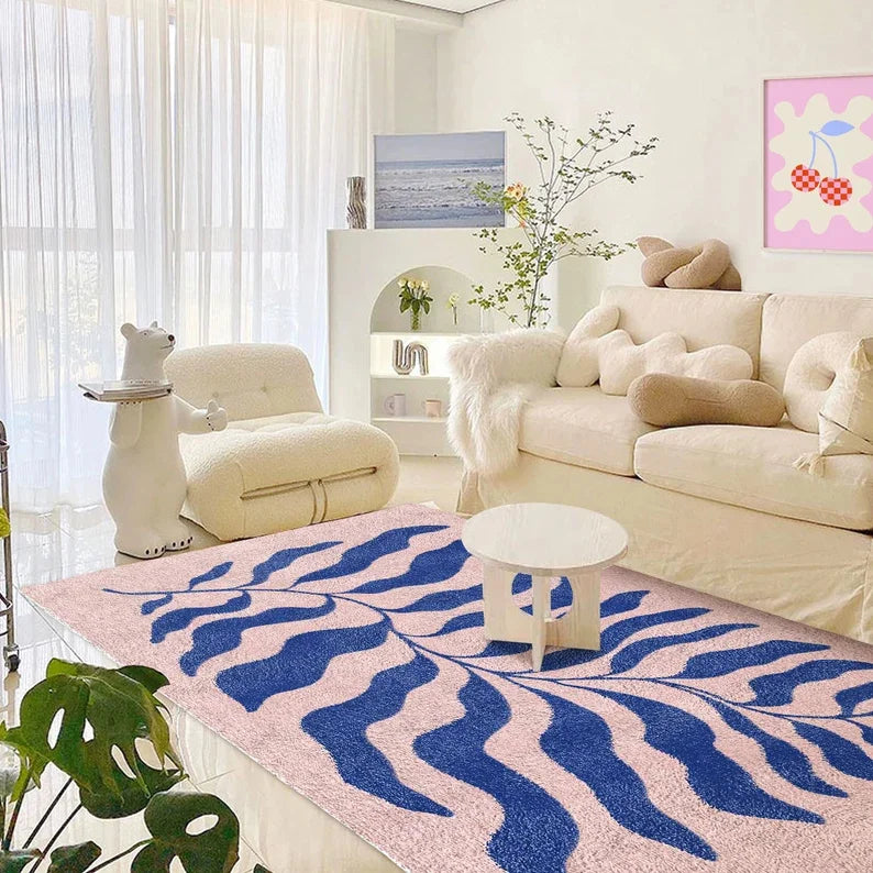 Alfombra Retro Hoja Matisse 🌿 - Diseño Danés Y2K en Azul/Rosa Pastel